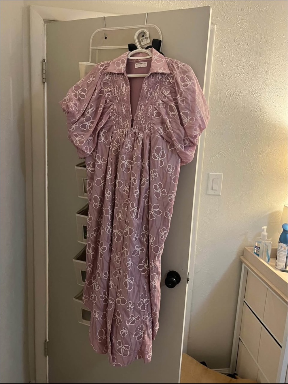 Mauve Floral Eyelash Lace Puff Sleeve Maxi Dress